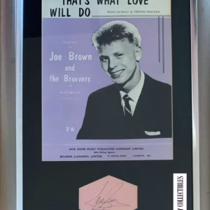 Joe Brown Signature in black ink on pink paper mounted with That’s What Love Will Do sheet music in silver frame, very good condition with COA