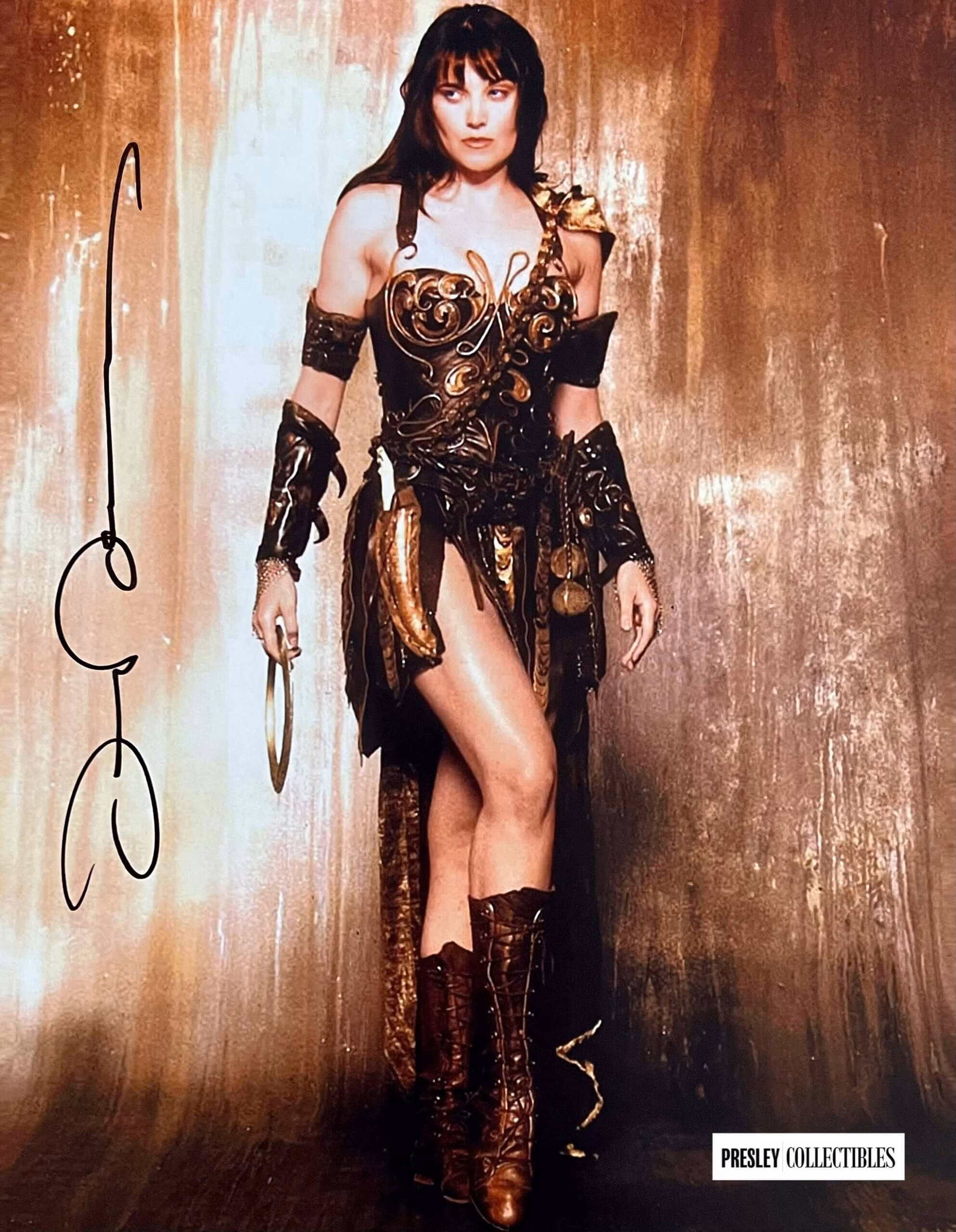 Lucy Lawless hand-signed 14" x 11" colour poster in excellent condition in black ink – authentic TV autograph with Certificate of Authenticity (COA)