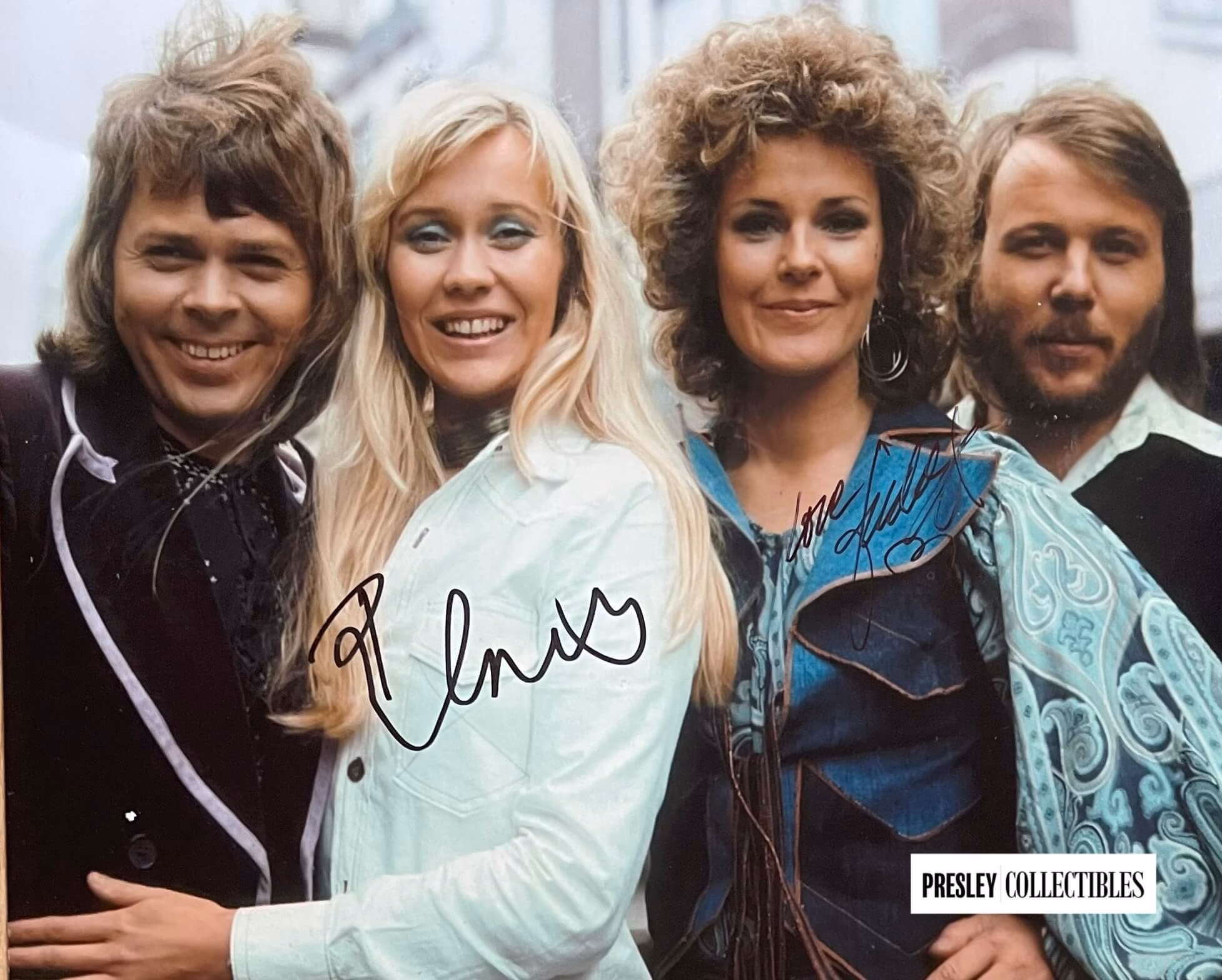ABBA hand-signed 10" x 8" colour promo photo in excellent condition in black ink – authentic Swedish pop music autograph with Certificate of Authenticity (COA)