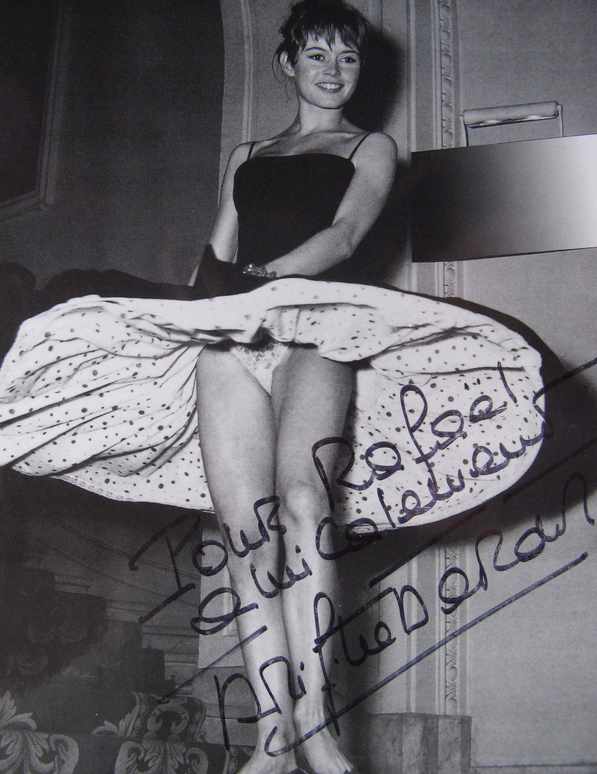 Brigitte Bardot Autographed Photo: 10x8 black and white staircase pose, product details, COA included, Buy French movies memorabilia from Presley Collectibles, tracked delivery.