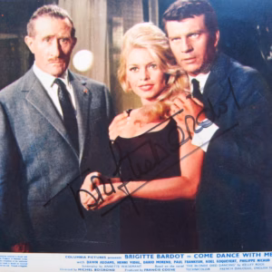 Brigitte Bardot Autographed Lobby Card: 10x8 Columbia Come Dance black dress, product details, COA included, Buy Movie memorabilia from Presley Collectibles, tracked delivery.