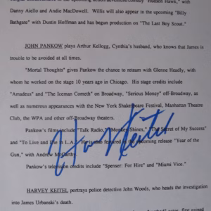 Harvey Keitel: Hand Signed A4 Document Page