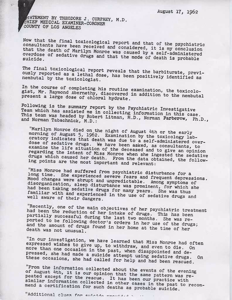 Marilyn Monroe Autopsy Report