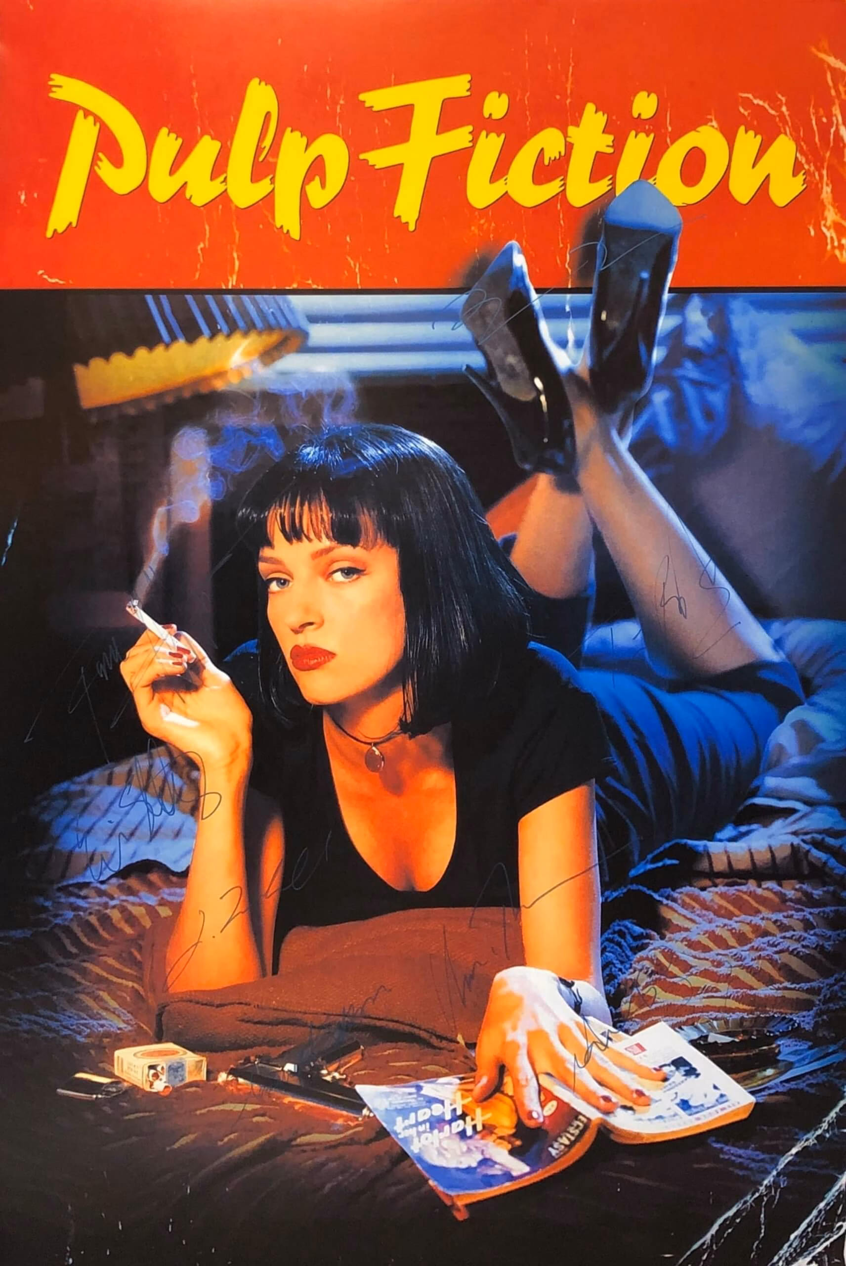 Pulp Fiction Signed Poster 24"x36" full colour movie poster autographed in black ink by Uma Thurman, John Travolta, Samuel L. Jackson, Bruce Willis, Tarantino & cast, COA and trackable worldwide delivery, Buy movie poster memorabilia from Presley Collectibles.