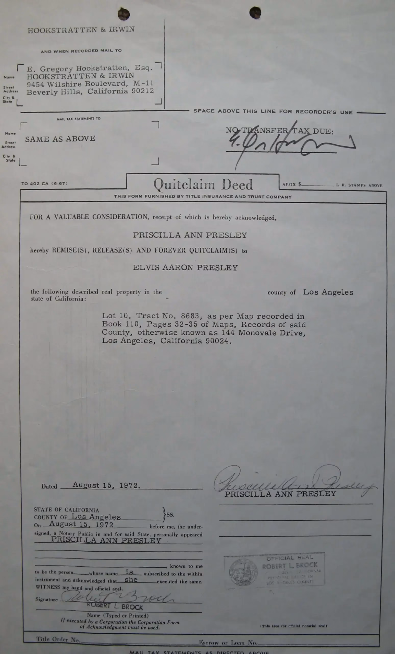 Priscilla Presley Signed Quitclaim