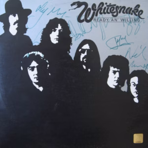 Whitesnake Ready An Willing original UK LP sleeve hand signed in green ink by six classic‑era members, COA included.