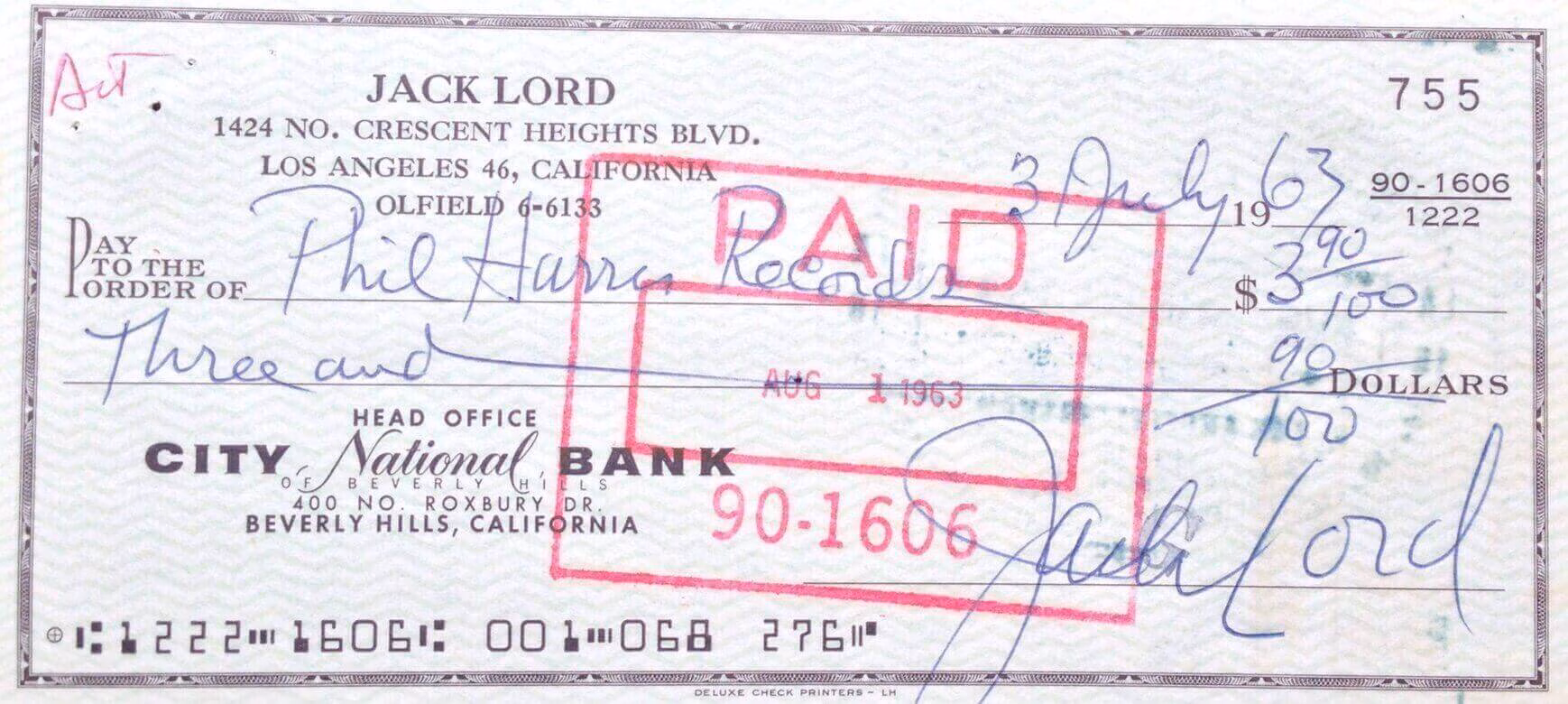 Jack Lord: Hand Signed Cheque (1963)