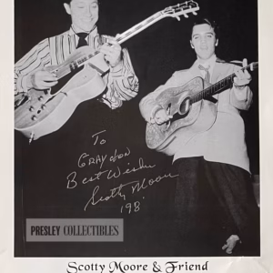 Signed black and white promo photo of Scotty Moore with Elvis Presley - silver ink autograph and annotated fan letter.