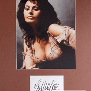 Sophia Loren hand-signed 4″ x 3″ signed card in excellent condition inscribed “Sophia Loren” in black ink on circa 1990s – authentic movie autograph with Certificate of Authenticity (COA).