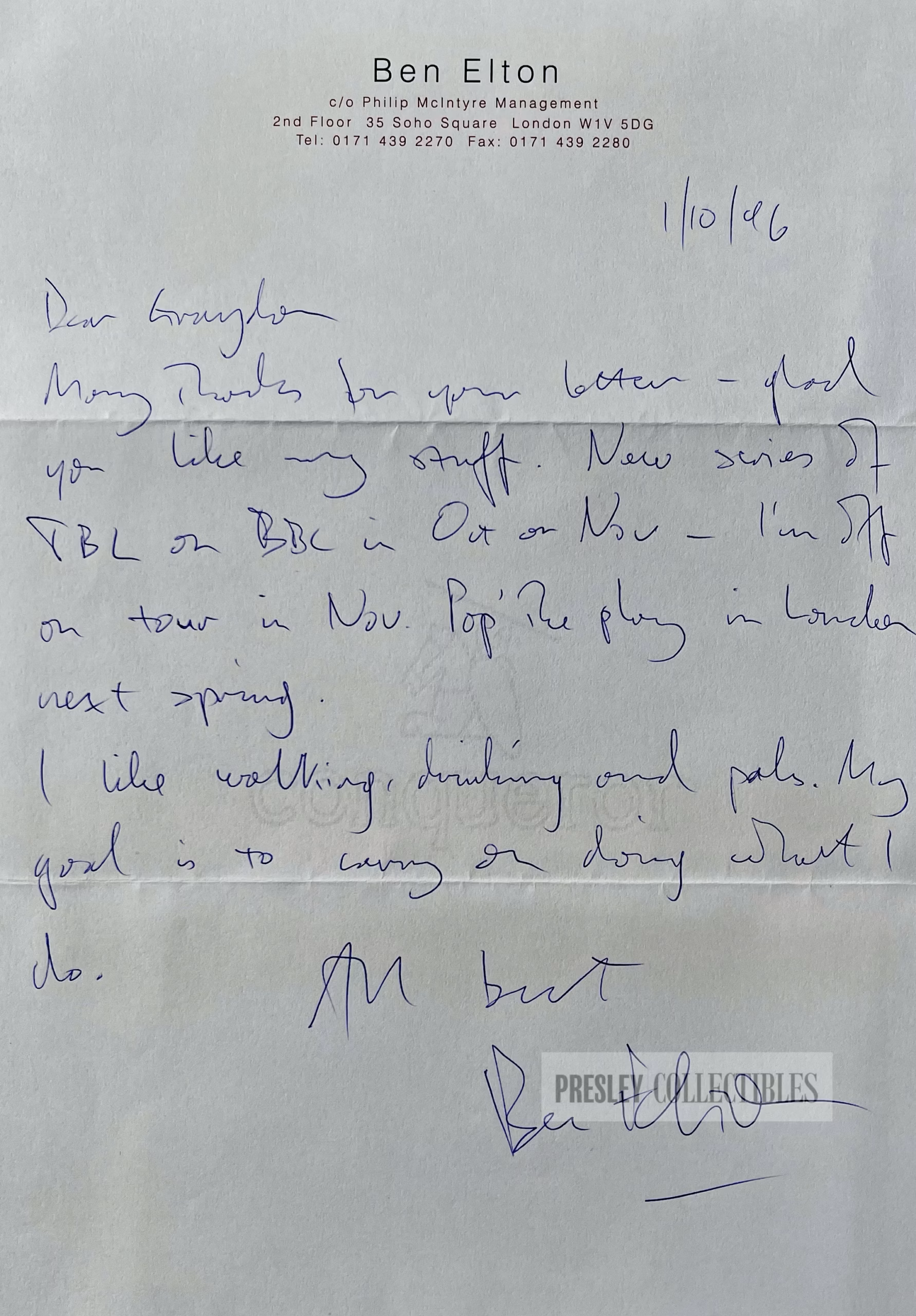 Ben Elton Signed Letter
