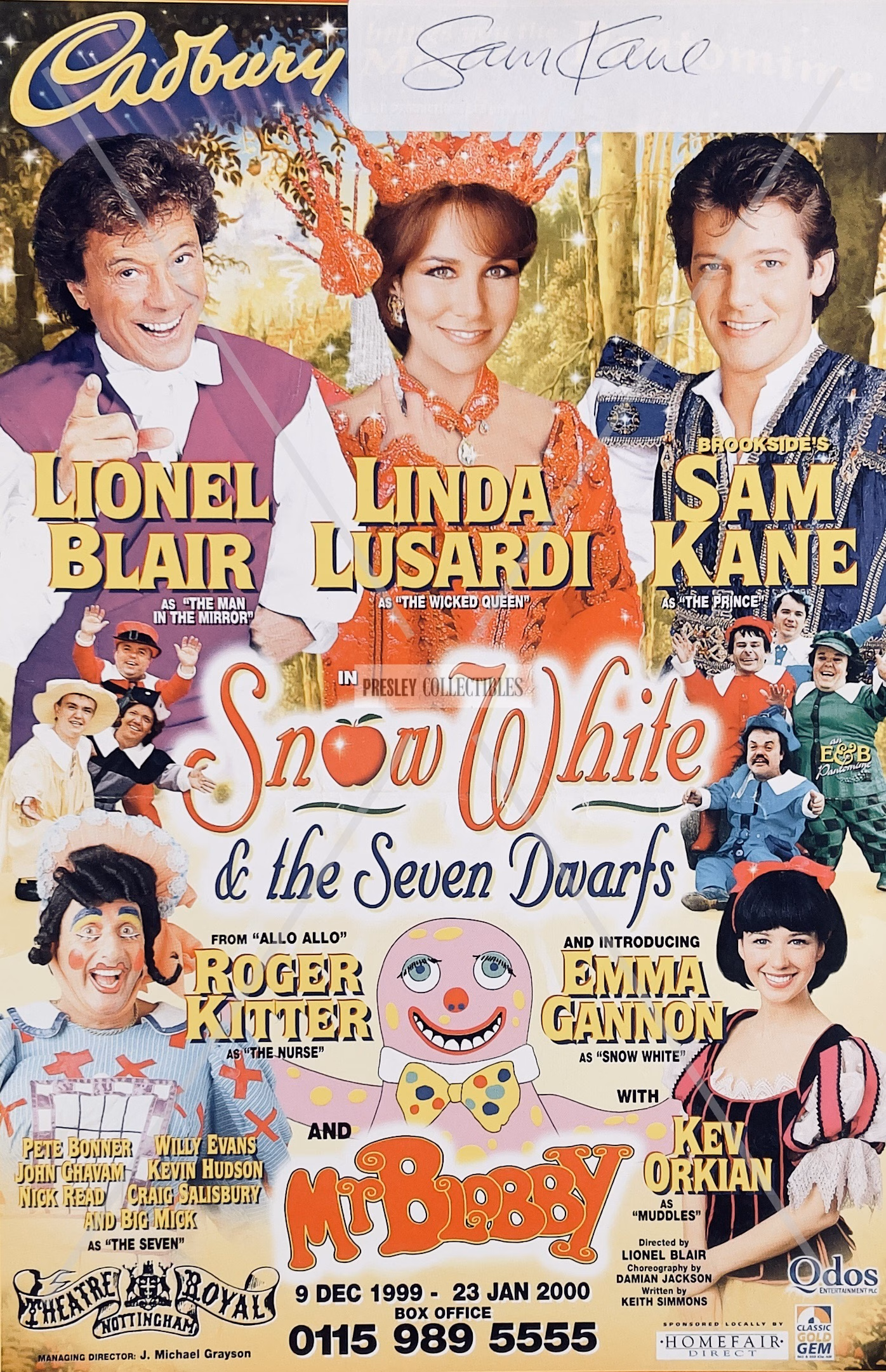 Sam Kane Autograph on Snow White theatre flyer 1999 Theatre Royal Nottingham, signed label in blue ink, original memorabilia with COA, worldwide shipping