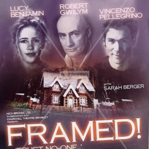 Double-sided colour theatre flyer for Framed at The Key Theatre Peterborough signed by Robert Gwilym, Robert Gwilym Autograph, TV and theatre memorabilia with COA, provenance and worldwide shipping.