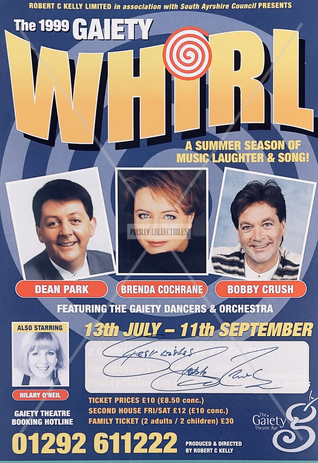 Bobby Crush Signed Flyer: Gaiety Whirl 1999 double sided handbill, product details, COA included, Buy piano memorabilia from Presley Collectibles with tracked worldwide delivery.