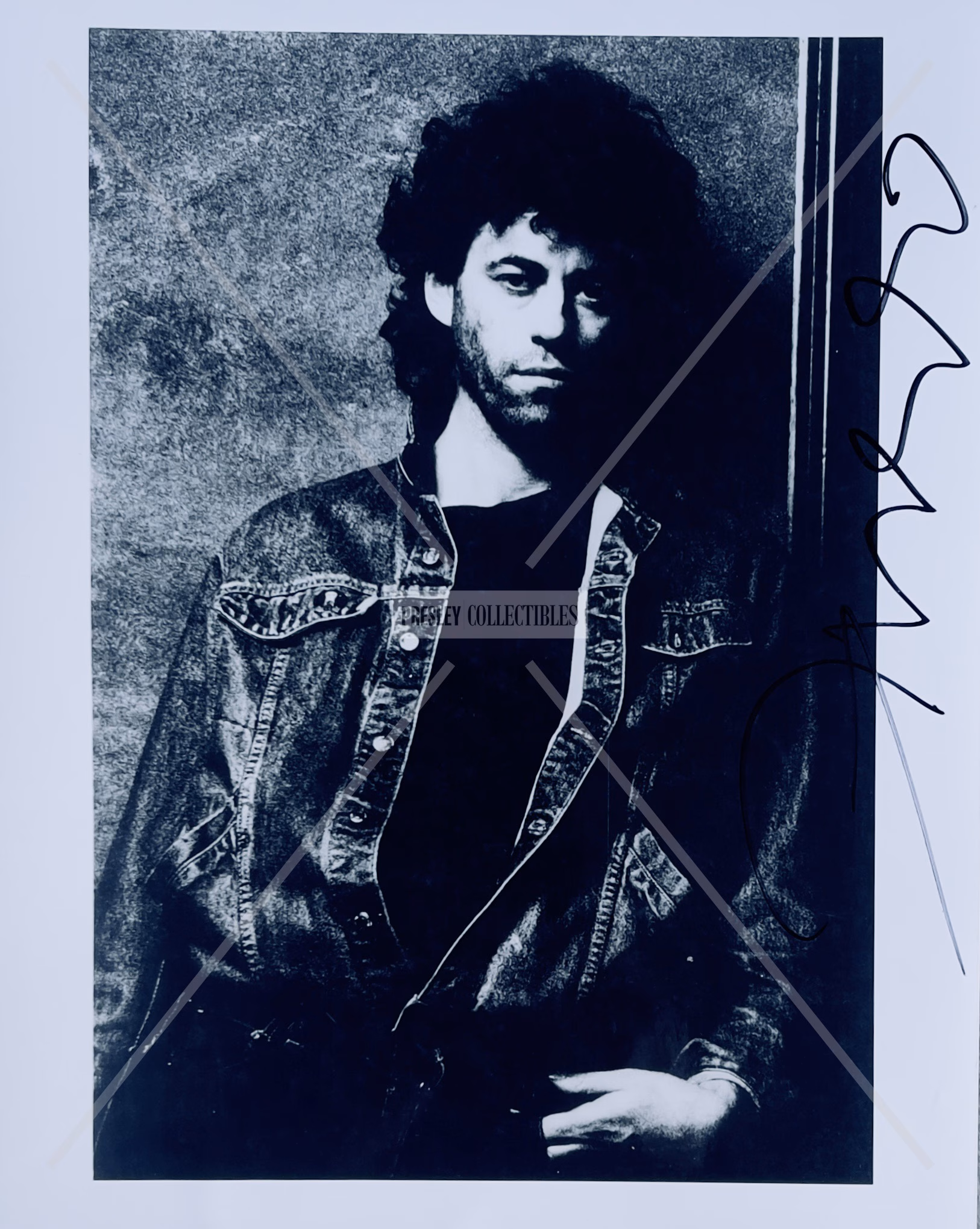 Bob Geldof Signed Photo 8x10 black‑and‑white denim jacket studio portrait with black ink autograph and COA from Presley Collectibles.