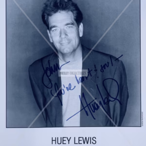 Huey Lewis Autograph on 8x10 Aaron Rapoport Bob Brown Management black‑and‑white promo photo, blue ink inscription and COA from Presley Collectibles.