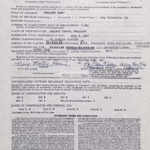Martha High Autograph hand-signed AFTRA concert contract featuring official Certificate of Authenticity.