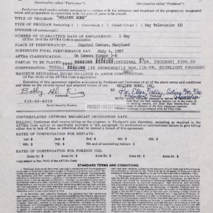 Bobby King Autograph on AFTRA Welcome Home 1987 Capitol Centre concert contract, detailing venue, fee and performance terms, with COA from Presley Collectibles.