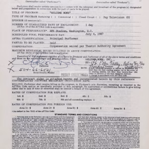 Catherine Bach Autograph: Authenticated 1987 AFTRA contract, twice signed. Includes COA & 90-day guarantee. Secure this signed contract at Presley Collectibles