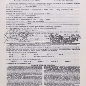Rocky Bleier Autograph hand‑signed Rocky Bleier Standard AFTRA Engagement Contract featuring Certificate of Authenticity and worldwide shipping.