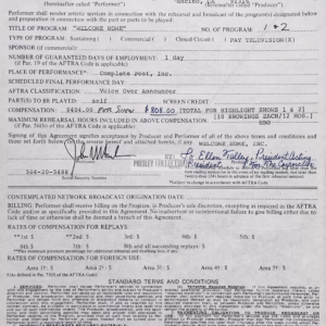 John Harlan Autograph hand‑signed AFTRA contract featuring Certificate of Authenticity and worldwide shipping.