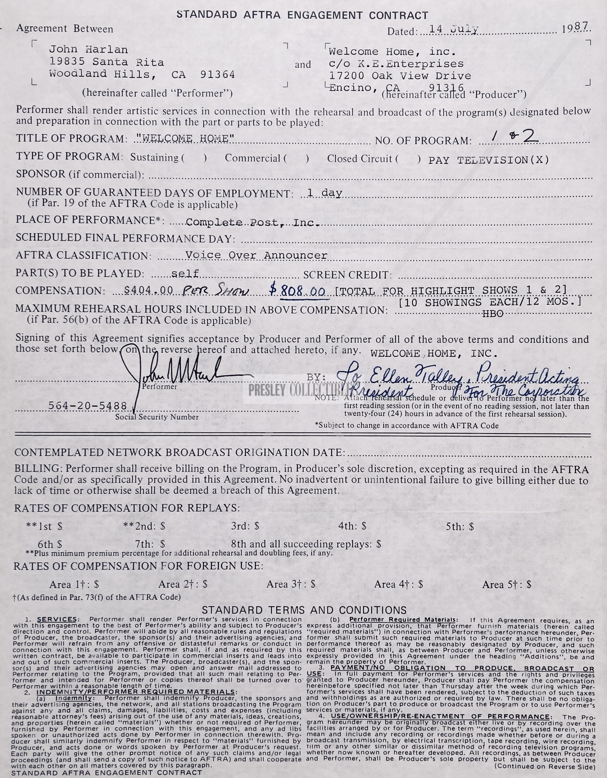 John Harlan Autograph hand‑signed AFTRA contract featuring Certificate of Authenticity and worldwide shipping.