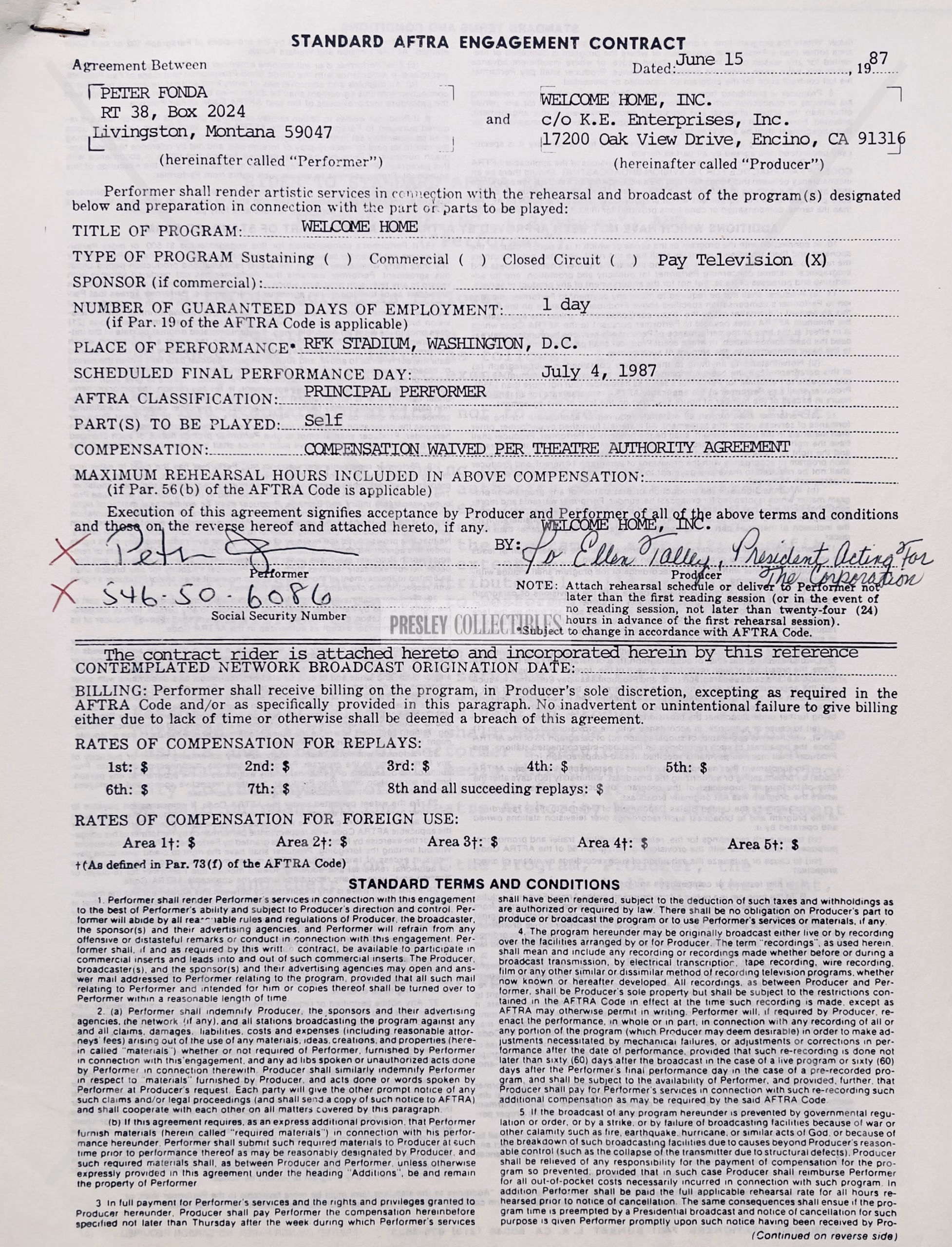 Peter Fonda Autograph hand‑signed AFTRA contract (twice) featuring Certificate of Authenticity and worldwide shipping.