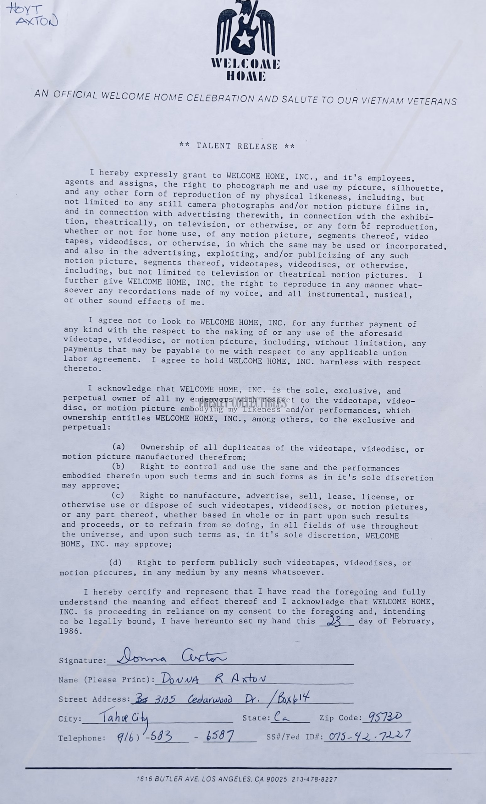Donna Axton Autograph hand-signed Talent Release Form featuring Certificate of Authenticity and worldwide shipping.