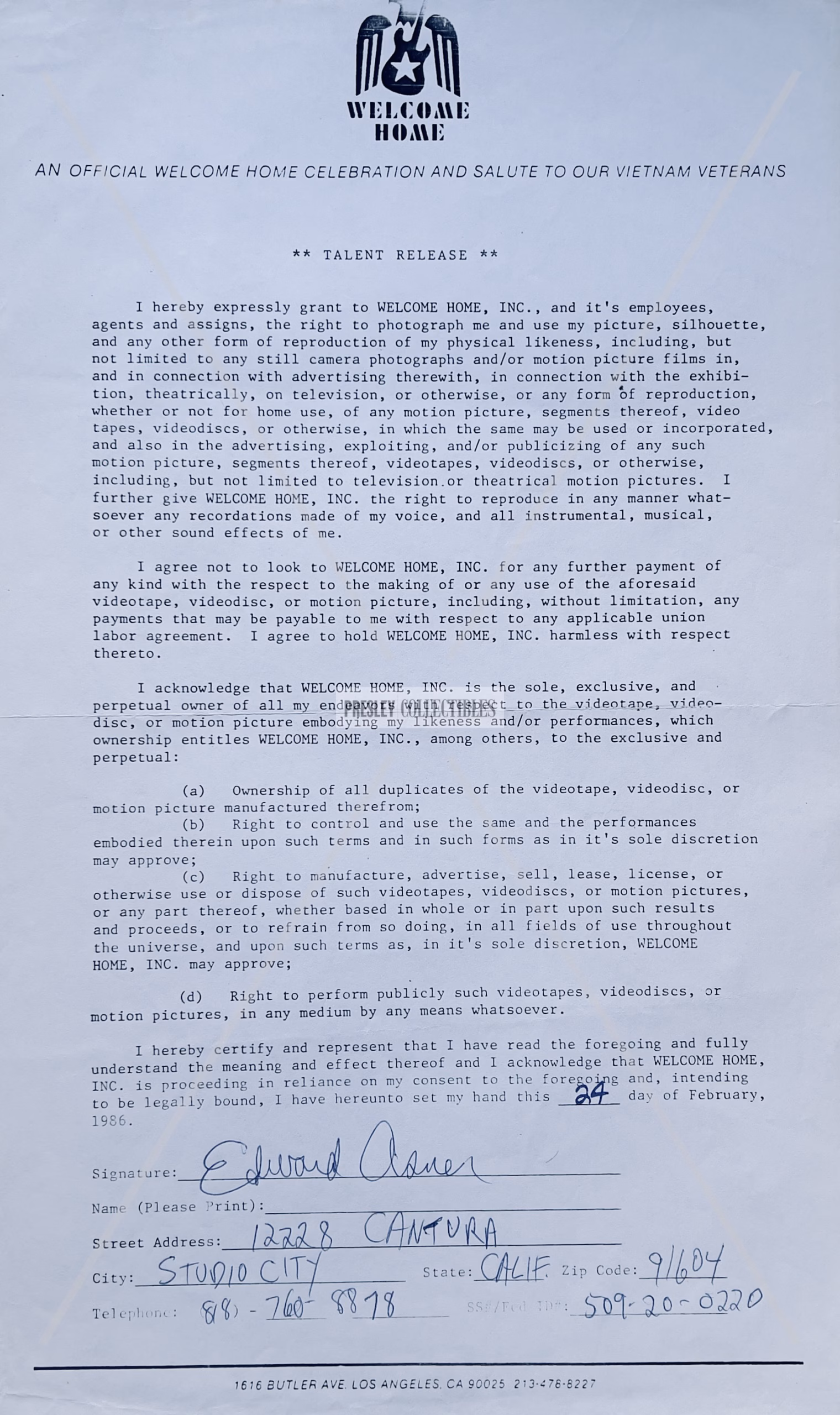 Ed Asner Autograph hand-signed 1986 Welcome Home Vietnam Veterans Talent Release Form with Certificate of Authenticity.