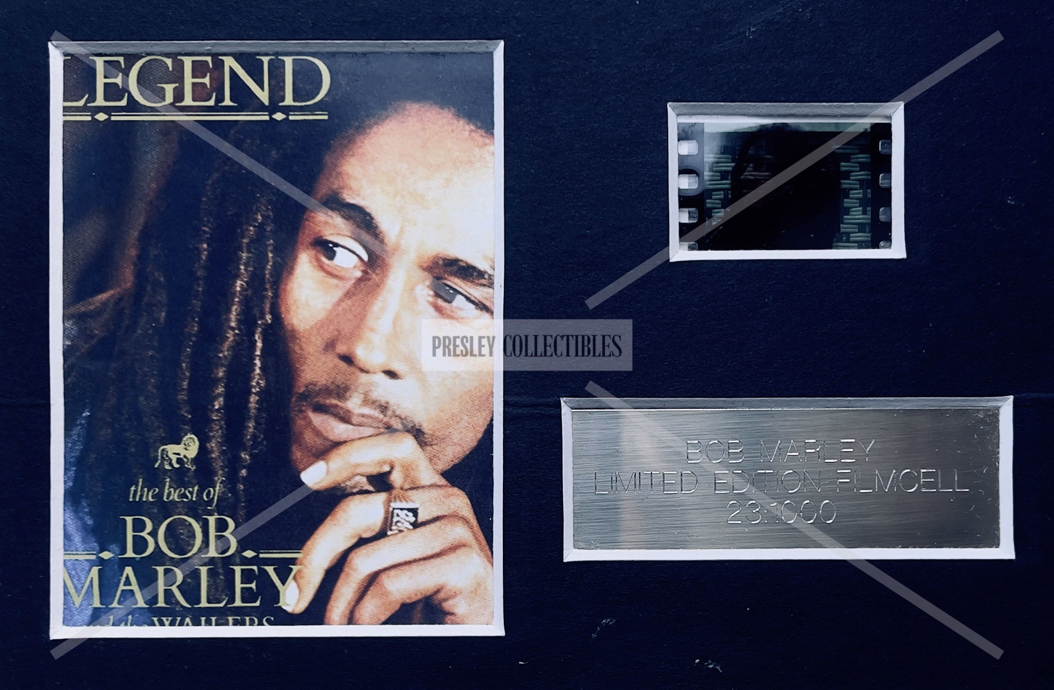 Bob Marley Film Cell limited‑edition mounted display with original film cell and plaque.