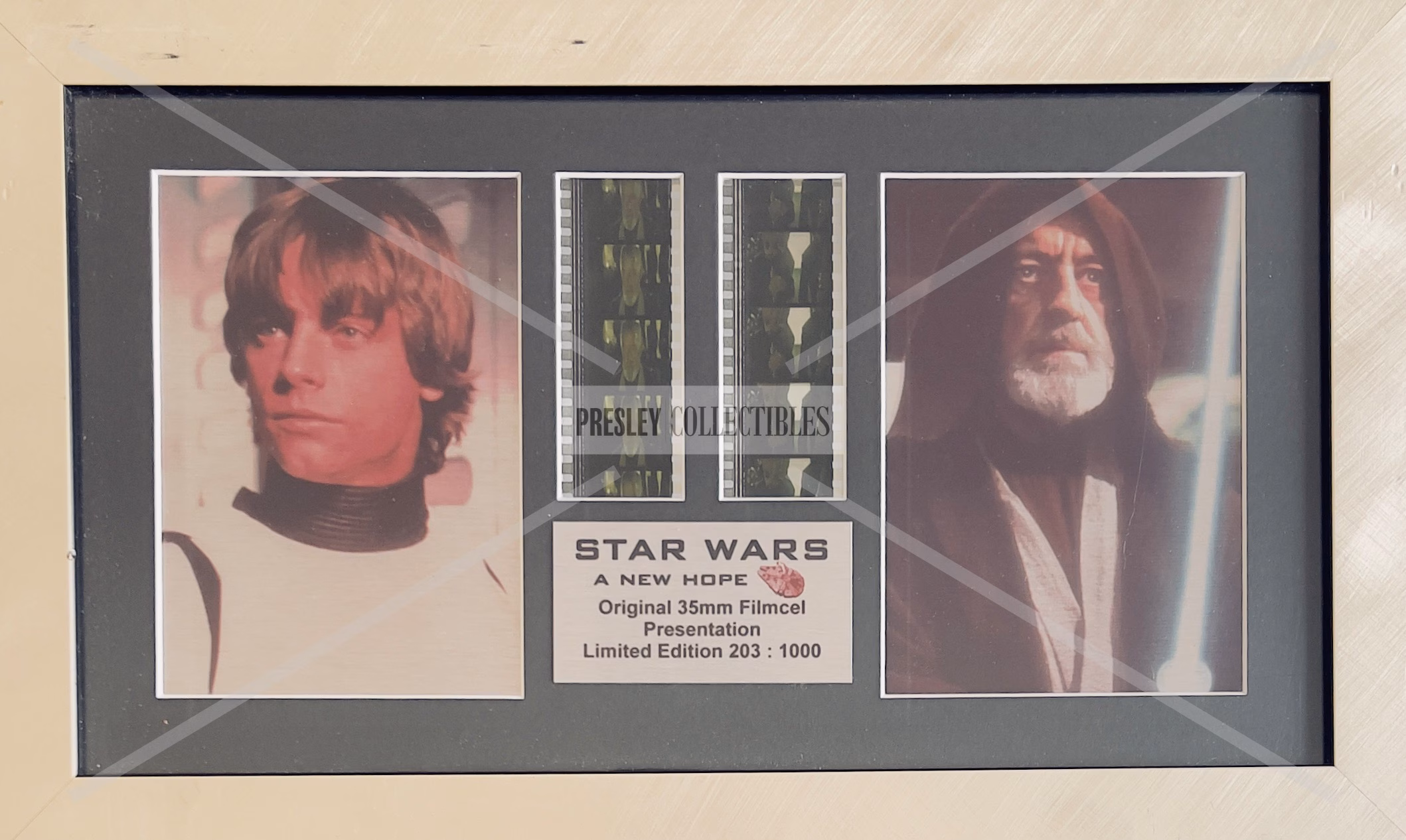 Star Wars Film Cells — original 35mm film cell display with colour images, plaque, COA, framed, very good condition, 14” x 8.5”.