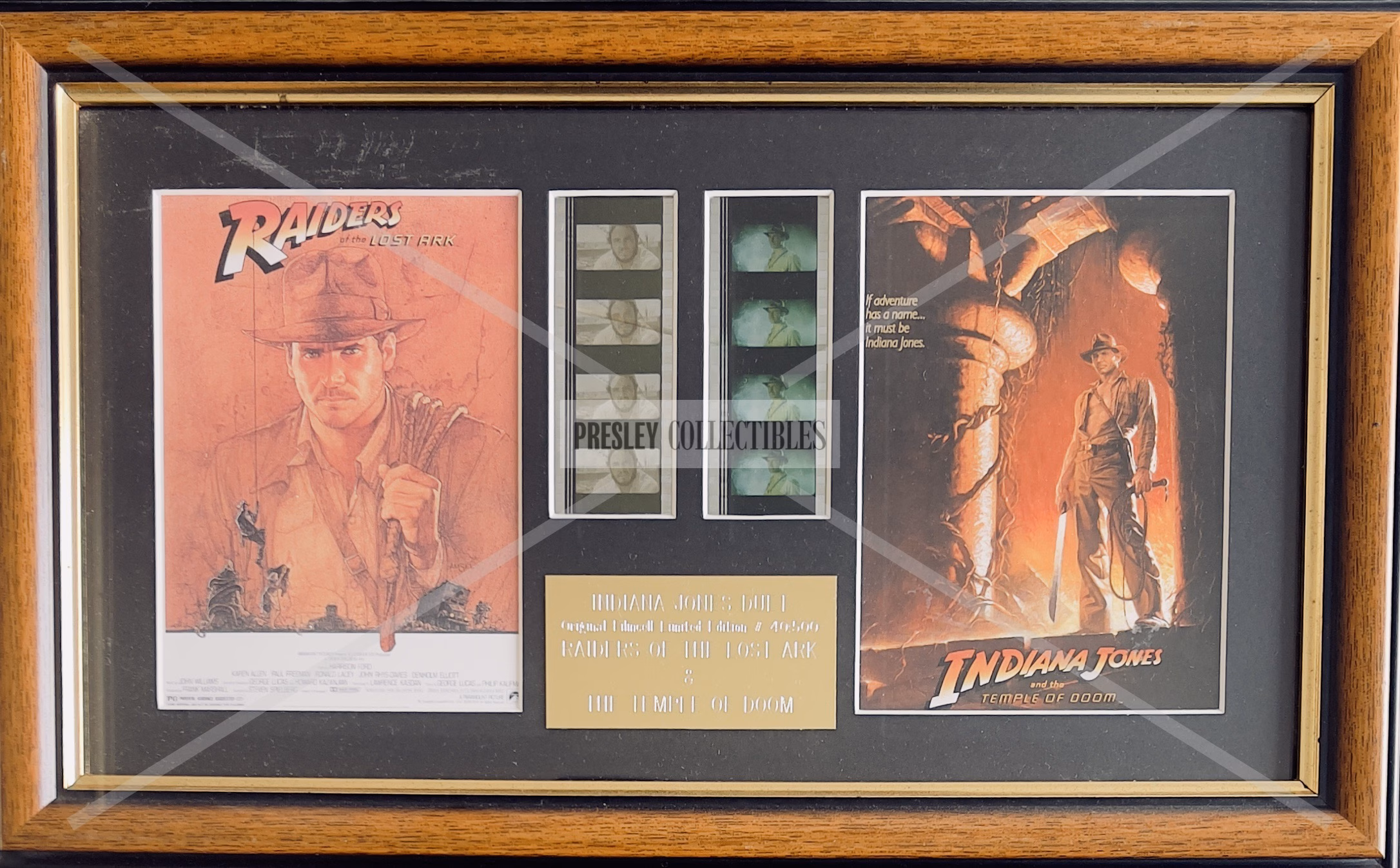 Indiana Jones Double Film Cells — Limited edition dual-film cell display, No. 40 of 500, featuring original 35mm film from Raiders of the Lost Ark (1981) and Indiana Jones and the Temple of Doom (1984). Dark wood and gold frame, Perspex-glazed, excellent condition, 14.5" x 9". Original Rye by Post Certificate of Authenticity affixed to reverse.