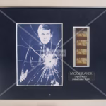 Moonraker James Bond Film Cell — original 35mm theatrical filmstrip, limited edition 1 of 100, framed silver presentation with black mount and original Legends Memorabilia Certificate of Authenticity. Very good condition, 11" x 9".