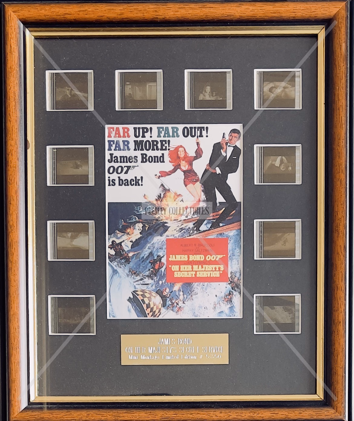 James Bond Limited Edition film cell montage from On Her Majesty's Secret Service with framed display, plaque, and Rye By Post COA, worldwide shipping.
